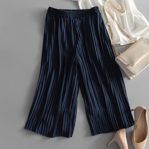 Elastic Waist Pleated Wide Leg Pants